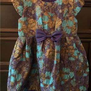 Pippa & Julie Teal and Gold Floral Brocade Kids Dress